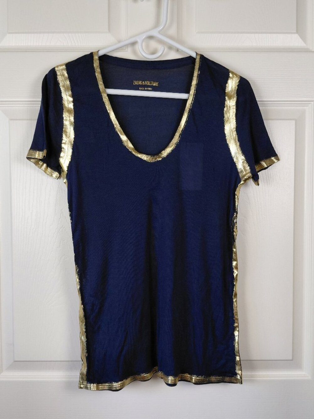 NWT Zadig & Voltaire Blue Tino Gold Glitter Scoop Neck Short Sleeve Top. Size M